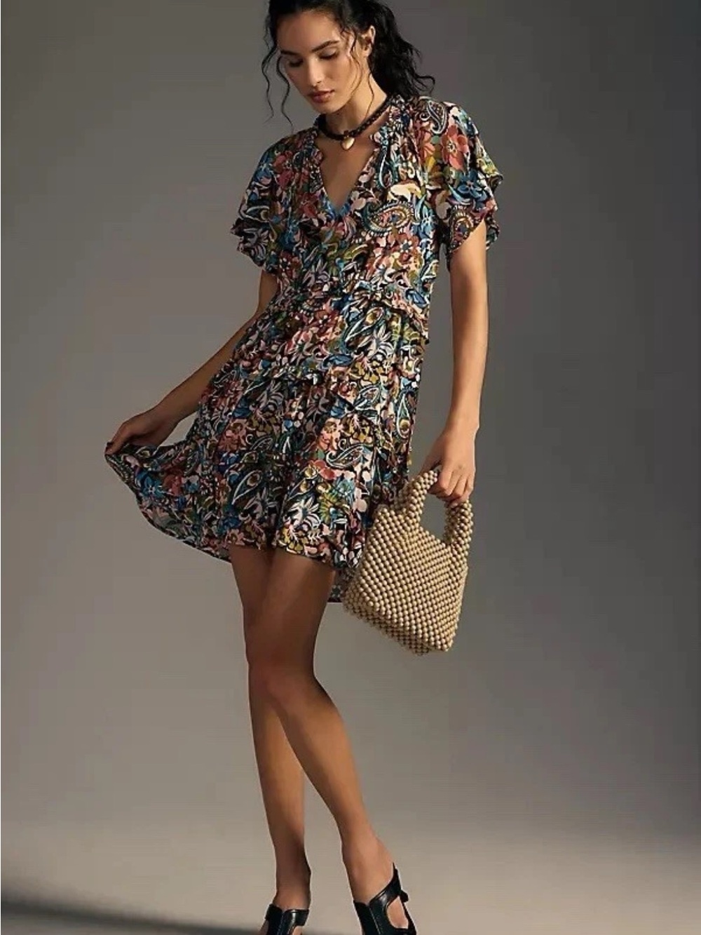 Anthropologie Robin Tiered Mini Dress SP Floral Paisley Flutter Sleeve Boho